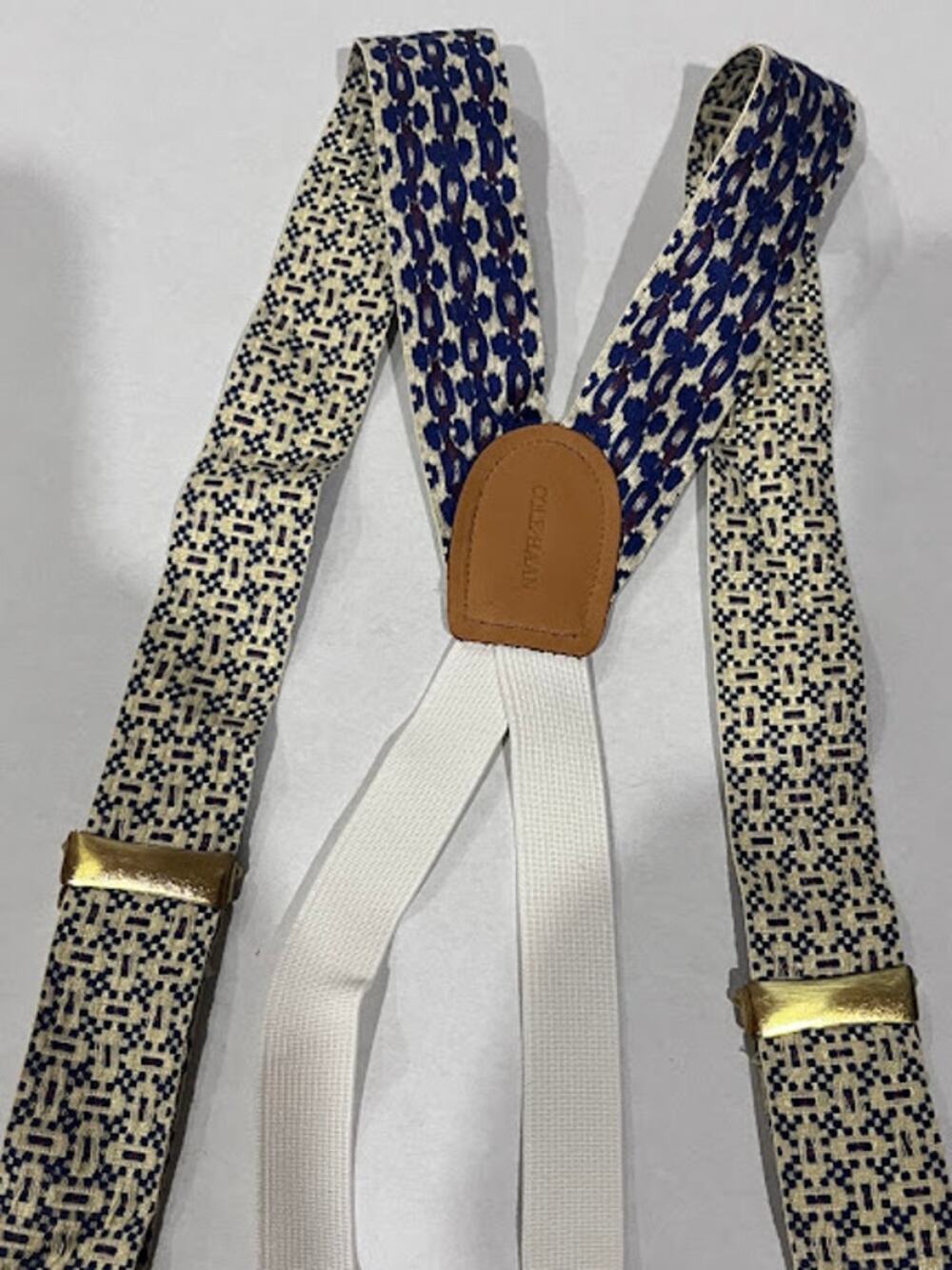Cole Haan Silk Suspenders Braces Navy Cream Geometric Brown Leather Vintage